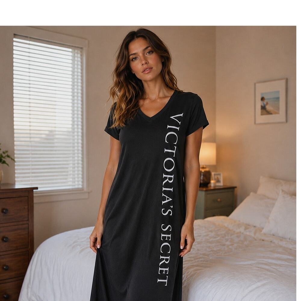 Vintage Y2K VICTORIA'S SECRET Heart Label Black Sleep Shirt Dress Tee Small S